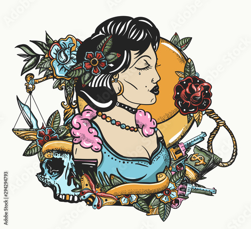Noir film lady. Retro woman portrait. Old school tattoo and t-shirt design. Criminal girl with guns. Mafia concept. Traditional tattooing style