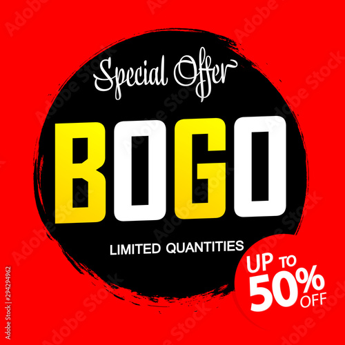 BOGO up to 50% off, buy 1 get 1 free, sale banner design template, special offer, discount tag, grunge brush, vector illustration