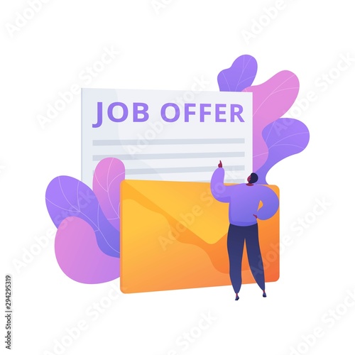 Job offer application letter response. Career opportunity, business proposition, recruitment agreement. Man receives employment contract by mail. Vector isolated concept metaphor illustration