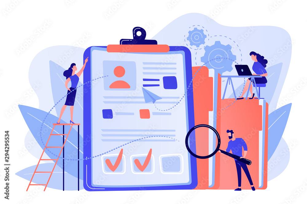 Recruiters and managers searching for candidate in huge CV for position. Recruitment agency, human resources service, recruitment network concept. Pink coral blue vector isolated illustration