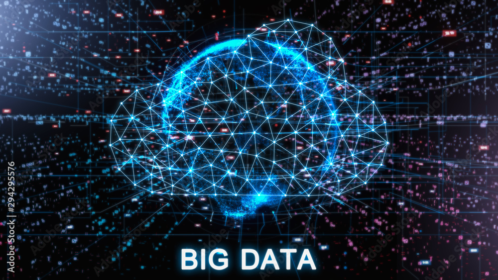 Big data network visualization concept.Abstract data bits stream ...