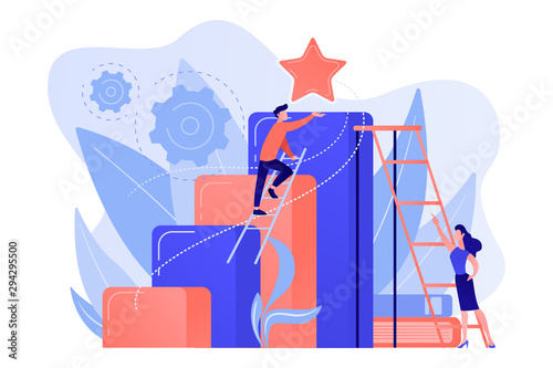 Businessman and woman start climbing ladder. Business and career ambition, career aspirations and plans, personal growth concept on white background. Pink coral blue vector isolated illustration