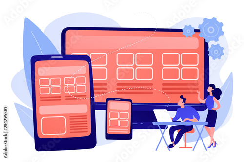 Adaptive mobile app interface, web optimization. Responsive web design, responsive website development, good UX for all screens concept. Pink coral blue vector isolated illustration photo