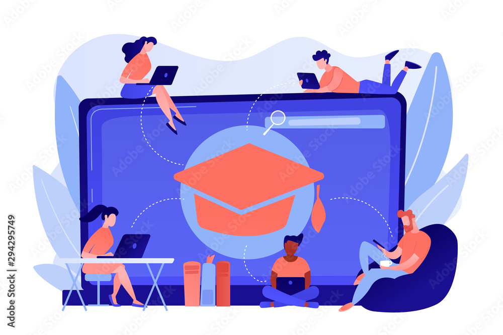 Students with laptops studying and huge laptop with graduation cap. Free  online courses, online certificate courses, online business school concept.  Pinkish coral bluevector isolated illustration Stock Vector | Adobe Stock