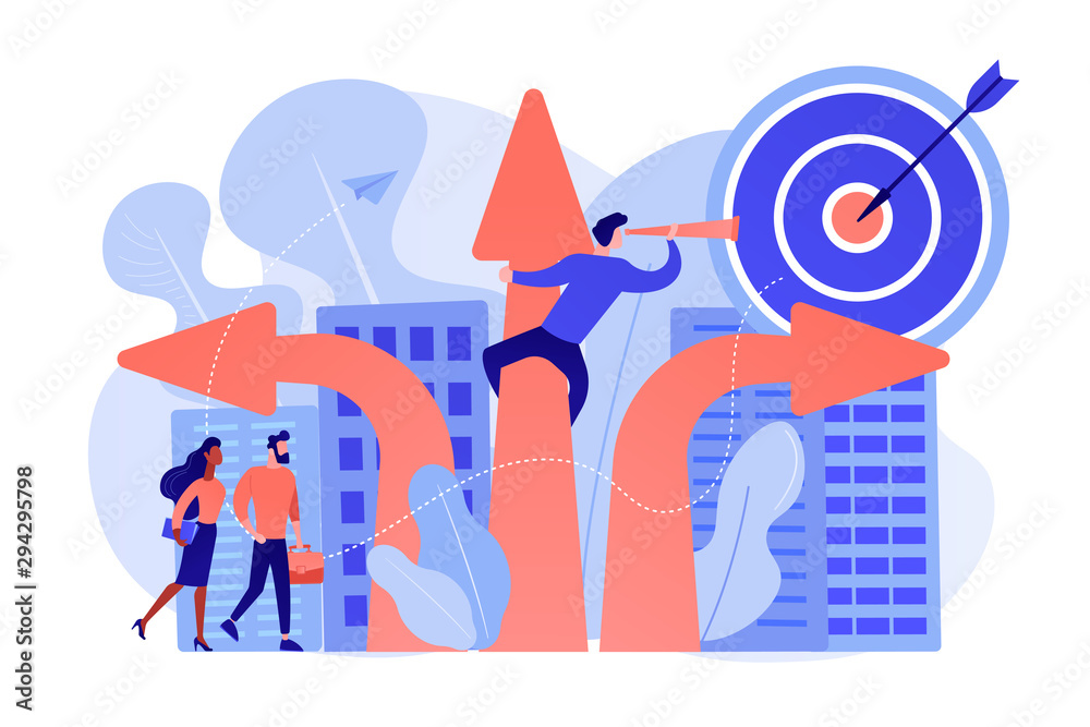Business people and empolyee choosing new career direction arrow with target. Career change, alternative career, retraining for a new job concept. Pinkish coral bluevector isolated illustration Business people and empolyee choosing new career direction arrow with target. Career change, alternative career, retraining for a new job concept. Pinkish coral bluevector isolated illustration
