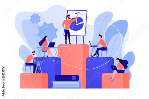 Employees with laptops learning at professional trainig. Internal education, employee education, professional development program concept. Pinkish coral bluevector isolated illustration