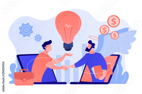 Entrepreneurship funding, initiative investment, idea financing. Angel investor, startup financial support, business professionals help concept. Pinkish coral bluevector isolated illustration