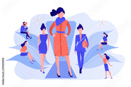 Designers display latest collection in runway fashion show to buyers and media. Fashion week, fashion industry event, runway fashion show concept. Pinkish coral bluevector isolated illustration