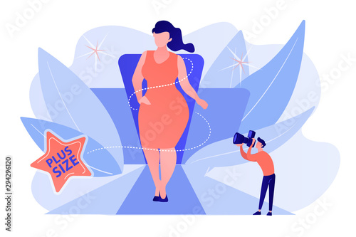 Photographer taking photos of plus size model in runway fashion show. Plus size models, body positive fashion, plus-size clothing modeling concept. Pinkish coral bluevector isolated illustration