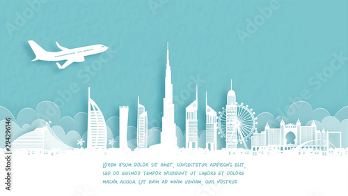 Travel poster with Welcome to Dubai famous landmark in paper cut style vector illustration.