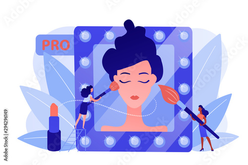 Professional makeup artists applying make up with brush on woman face in mirror. Professional makeup, pro artistry, makeup artist work concept. Pinkish coral bluevector isolated illustration