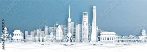 Panorama view of Shanghai skyline with world famous landmarks of China in paper cut style vector illustration.