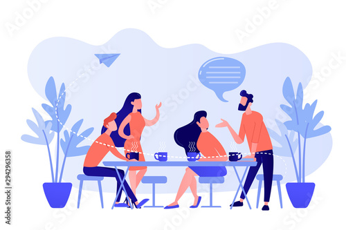 Group of friends sitting at the table talking, drinking coffee and tea, tiny people. Friends meeting, cheer up friend, friendship support concept. Pinkish coral bluevector isolated illustration
