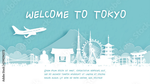 Travel poster with Welcome to Tokyo, Japan famous landmark in paper cut style vector illustration.
