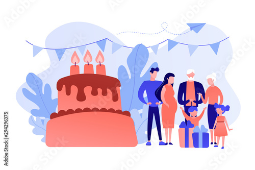 Parents, grandparents and children with presents at big cake with celebrating, tiny people. Family tradition, family reunion, home party concept. Pinkish coral bluevector isolated illustration