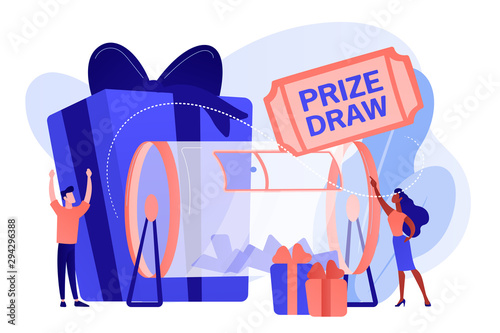 Lucky tiny people turning raffle drum with tickets and winning prize gift boxes. Prize draw, online random draw, promotional marketing concept. Pinkish coral bluevector isolated illustration photo