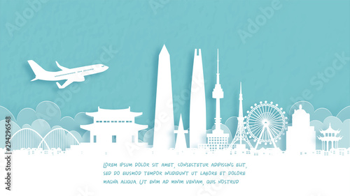 Travel poster with Welcome to South Korea famous landmark in paper cut style vector illustration.