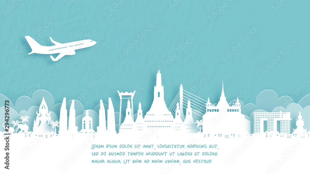 Fototapeta premium Travel poster with Welcome to Bangkok, Thailand famous landmark in paper cut style vector illustration.