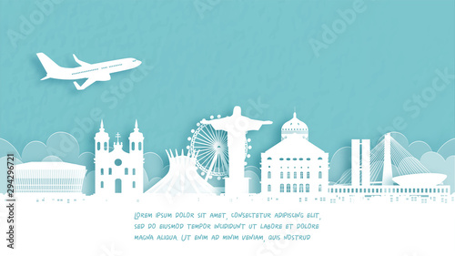 Travel poster with Welcome to Brazil famous landmark in paper cut style vector illustration.