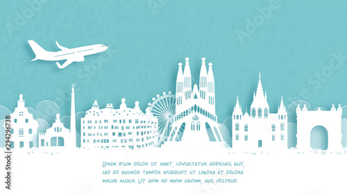 Travel poster with Welcome to Spain famous landmark in paper cut style vector illustration.