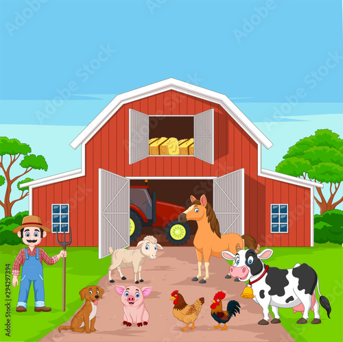 фотографія Cartoon farmer and farm animals in the barnyard