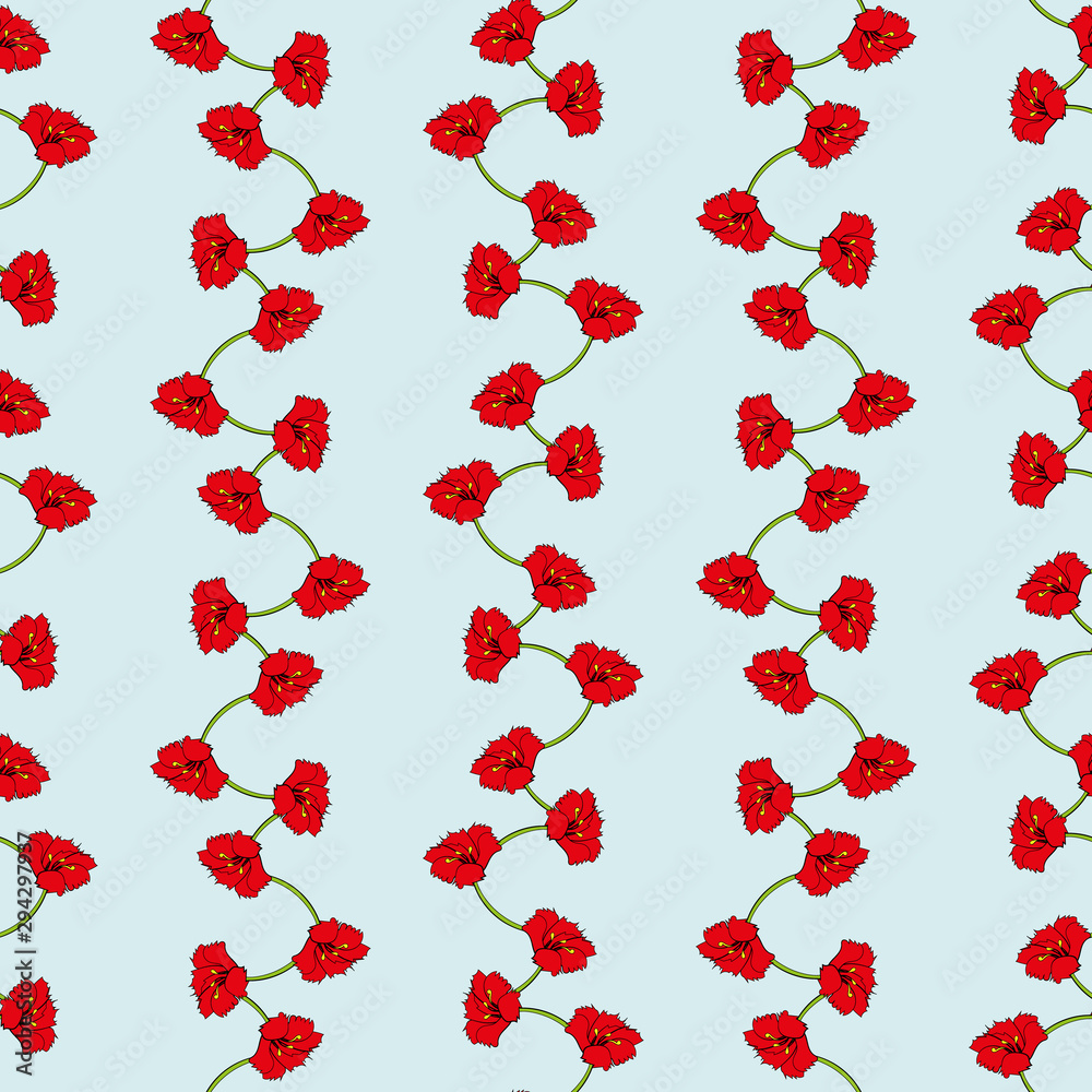 A seamless vector vertical stripes pattern with red flowers on a pale blue background. Surface print design.