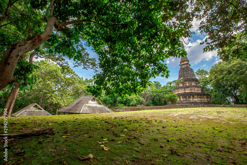 Natural background  large old pagoda  Wat Umong Suan Phutthatham   in Chiang Mai  is a famous tourist destination  tourists are always popular to make merit and see the beauty according to the seasons