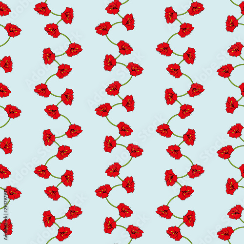 A seamless vector vertical stripes pattern with red flowers on a pale blue background. Surface print design.