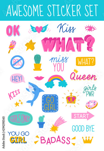 Awesome sticker collection in trendy hand drawn style. Vector eps10.