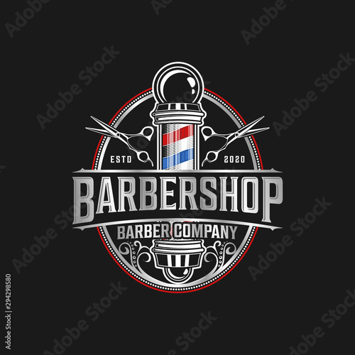 PrintBarbershop logo with a complex design of elegant vintage details with professional scissors and razor elements, for your business and professional barbershop label with quality services.