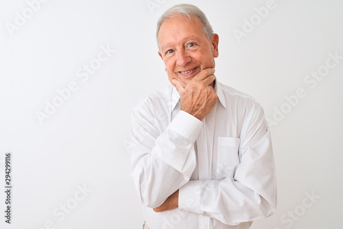 Wallpaper Mural Senior grey-haired man wearing elegant shirt standing over isolated white background looking confident at the camera with smile with crossed arms and hand raised on chin. Thinking positive. Torontodigital.ca