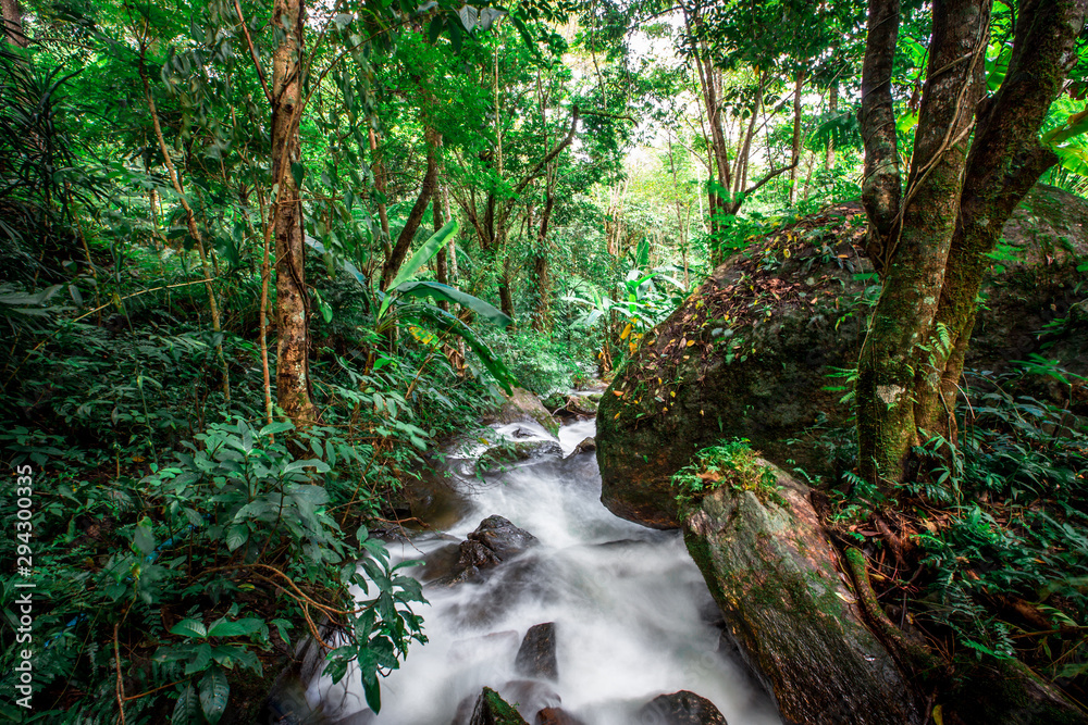 Natural blurred background of waterfalls, fast-flowing currents and water droplets from the wind blowing among the rocks and surrounded by big trees, spontaneous beauty Natural blurred background of waterfalls, fast-flowing currents and water droplets from the wind blowing among the rocks and surrounded by big trees, spontaneous beauty