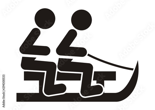 Two person on the sled, black silhouette on white background, vector illustration	