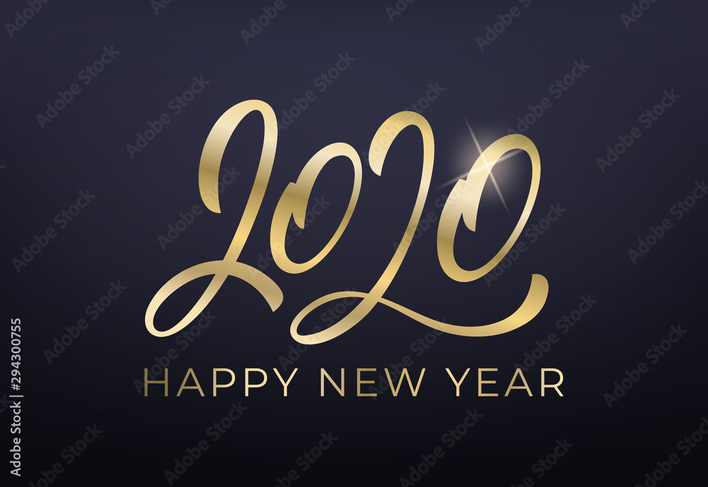 Happy New Year 2020. Shiny gold lettering calligraphy 2020 banner
