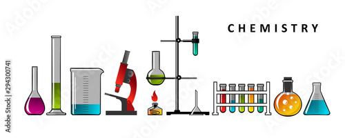 Chemistry. Formulas of chemical elements, molecules, instruments