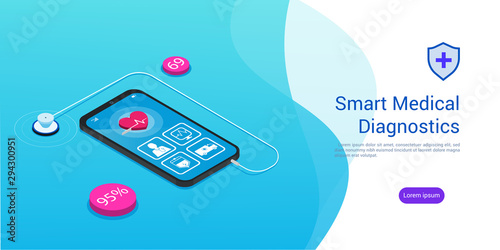 stethoscope and a smartphone with a medical app, copy space