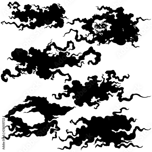Halloween creepy clouds set/ Horror black ragged shapes like clouds and a halloween moon