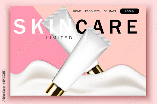 Vector 3d realistic cosmetic bottles, wave cream on pink site template with typographic background. Mock-up for product package branding. web page design