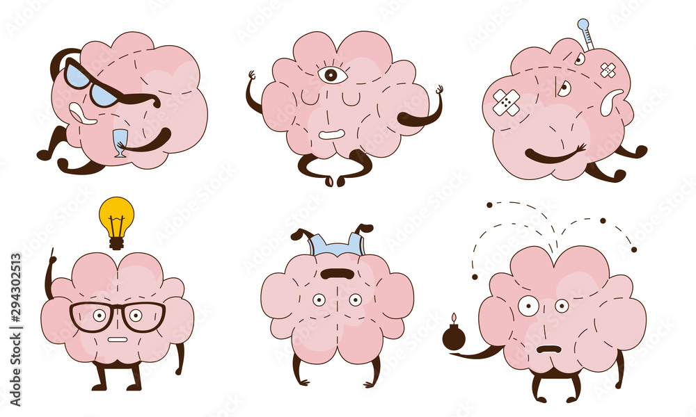 Obraz premium Cartoon brain with different objects in the hands. Vector illustration.
