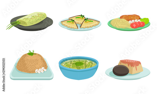 Set of freshly prepared food on plates. Vector illustration.