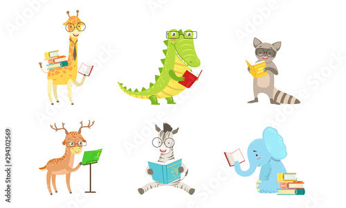 Cartoon humanized animals read books. Vector illustration.