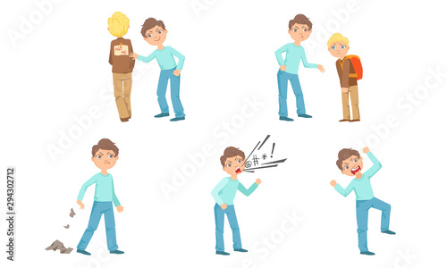 Angry boy mocks the youngest child. Vector illustration.