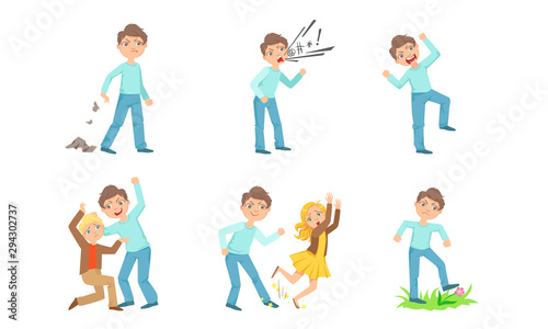 Types of bullying one boy against another. Vector illustration.