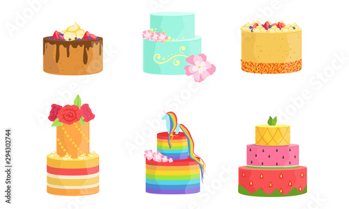 Set of cakes with colorful icing. Vector illustration.