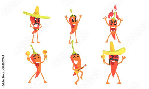 Set of humanized red hot chili peppers. Vector illustration.