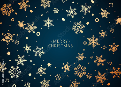 Merry Christmas and Happy New Year holiday background greeting card in gold and blue colors