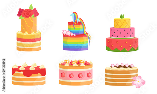 Set of cakes with colorful icing and cream. Vector illustration.