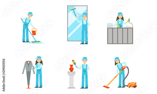 Set of cleaners in blue overalls at work. Vector illustration.