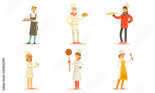 Chefs Cooking and Serving Various Food Set, Professional Kitcheners in Uniform with Culinary Tools and Freshly Prepared Dishes Vector Illustration