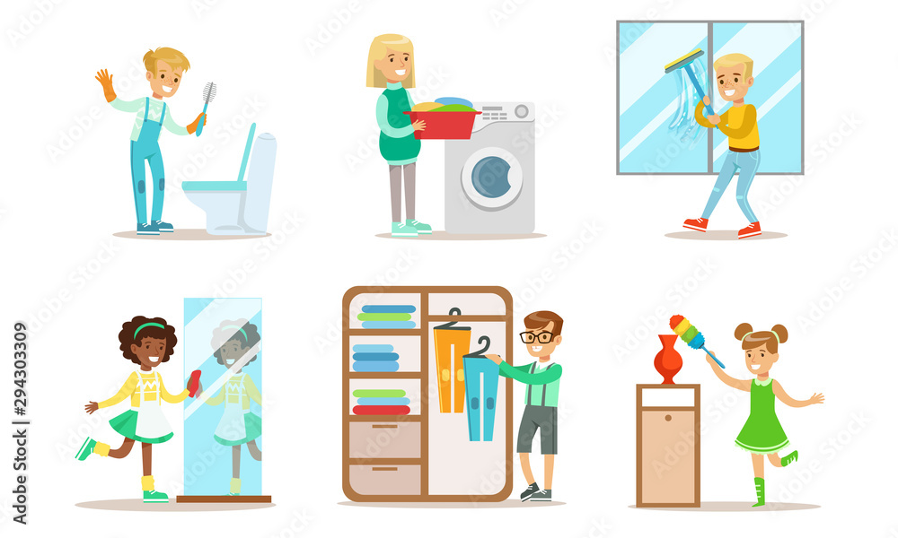 Cute Children Doing Housework Set, Boys and Girls Cleaning Windows, Folding Clothes, Loading Laundry to Washing Machine, Kids Helping Parents with Housekeeping Vector Illustration